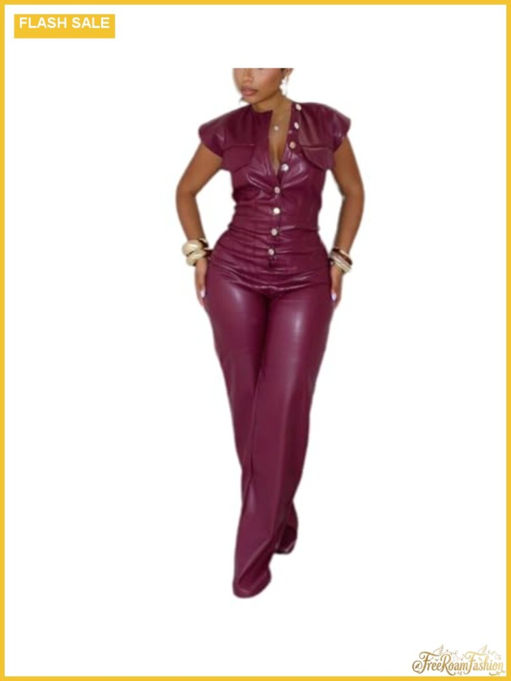 PU Leather Sleeveless Jumpsuit High Waist Wide Leg Party Club